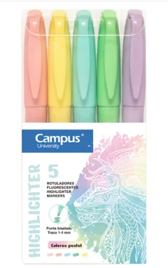 Marcador Fluorescente Pen Highlighter Campus University Colores Pastel 5 unid.